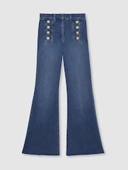 Reiss Mid Blue Athena Button-Detail High-Rise Flared Jeans - Image 2 of 7
