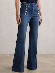 Reiss Mid Blue Athena Button-Detail High-Rise Flared Jeans - Image 5 of 7