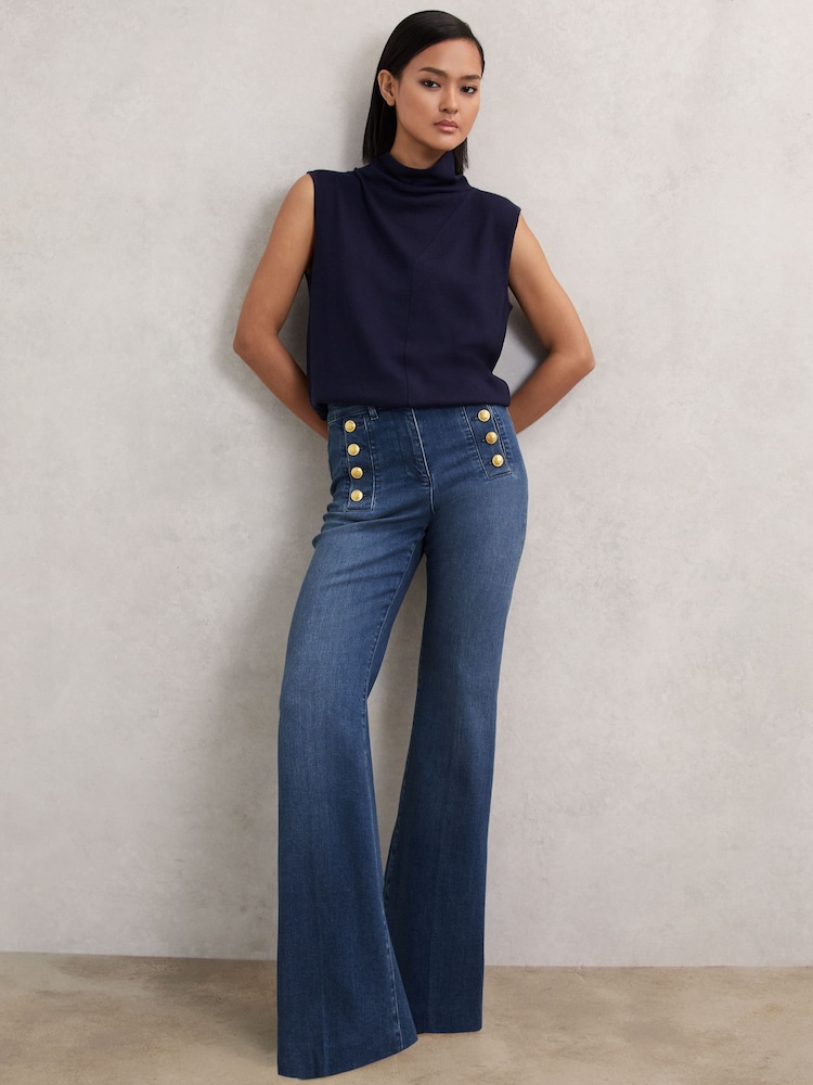 Reiss Mid Blue Athena Button-Detail High-Rise Flared Jeans - Image 1 of 8 Reiss Mid Blue Athena Button-Detail High-Rise Flared Jeans - Image 1 of 8