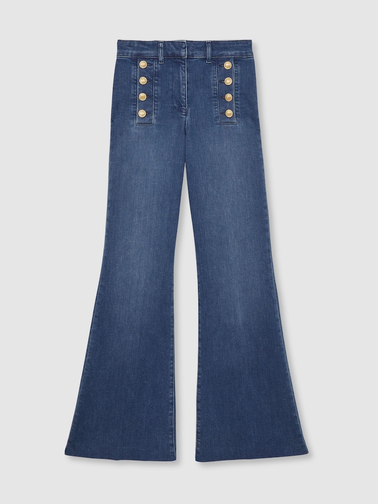 Reiss Mid Blue Athena Button-Detail High-Rise Flared Jeans - Image 2 of 8 Reiss Mid Blue Athena Button-Detail High-Rise Flared Jeans - Image 2 of 8