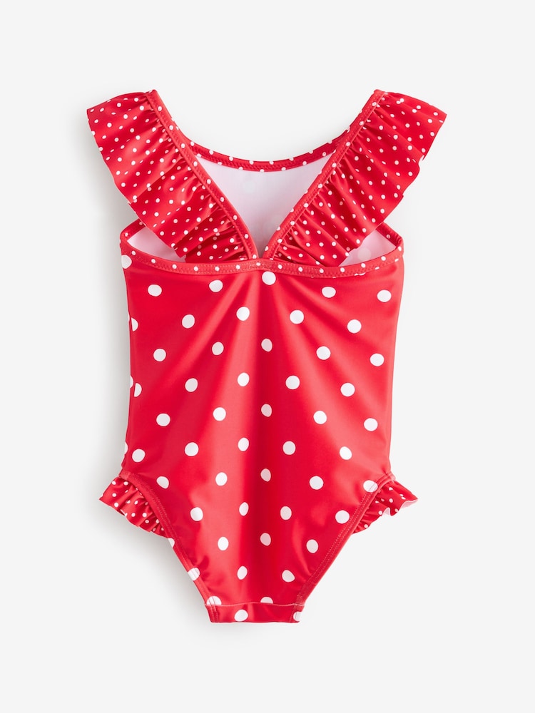 Red Polka Dot Flower Frill Swimsuit (3mths-7yrs) - Image 2 of 5 Red Polka Dot Flower Frill Swimsuit (3mths-7yrs) - Image 2 of 5