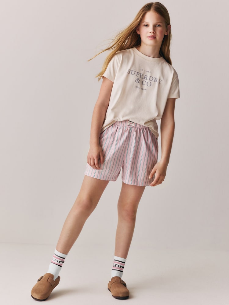 Superdry White/Pink Lounge Shorts Set - Image 1 of 6 Superdry White/Pink Lounge Shorts Set - Image 1 of 6