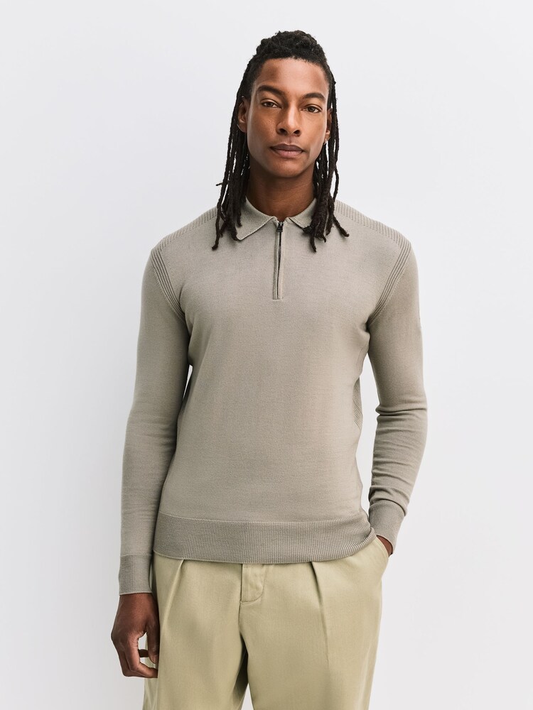 Belstaff Natural Kyle Long Sleeve Zip Polo Shirt - Image 2 of 6 Belstaff Natural Kyle Long Sleeve Zip Polo Shirt - Image 2 of 6