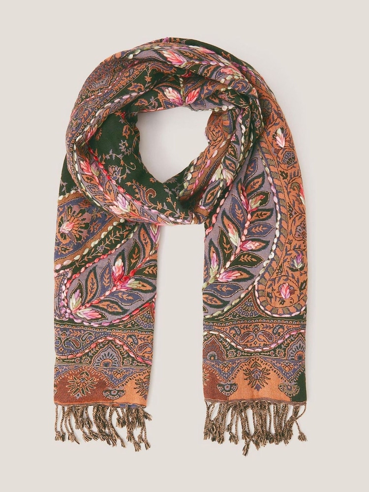 Monsoon Orange Anne Embroidered Paisley Print Scarf - Image 1 of 1 Monsoon Orange Anne Embroidered Paisley Print Scarf - Image 1 of 1