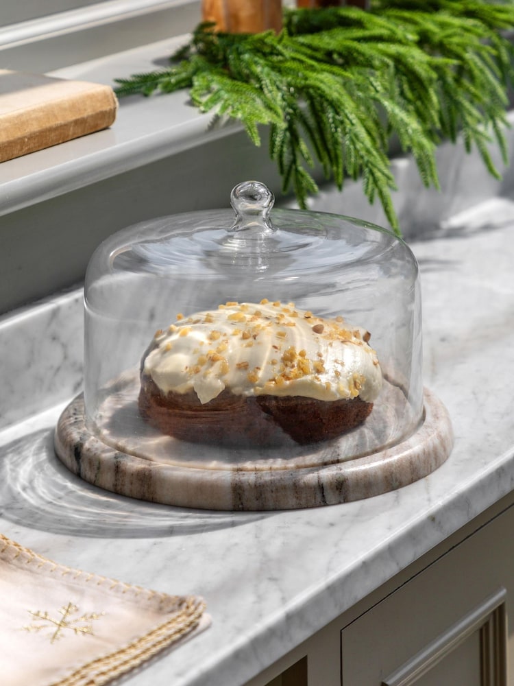 Gallery Home Beige Marble and Glass Cake Stand - Image 1 of 6