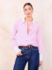 Lipsy Pink Stripe White Collar Poplin Shirt - Image 1 of 4