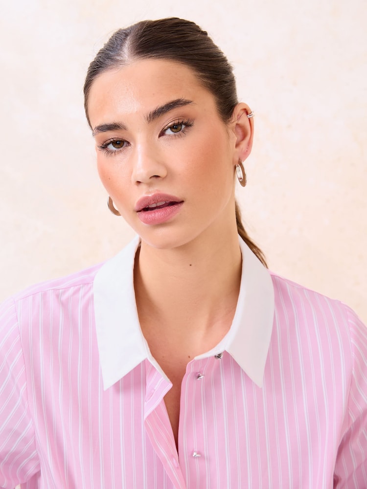 Lipsy Pink Stripe White Collar Poplin Shirt - Image 4 of 4