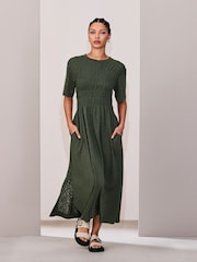 Khaki Green Short Sleeve Shirred Body T-Shirt Midi Dress - Image 1 of 8