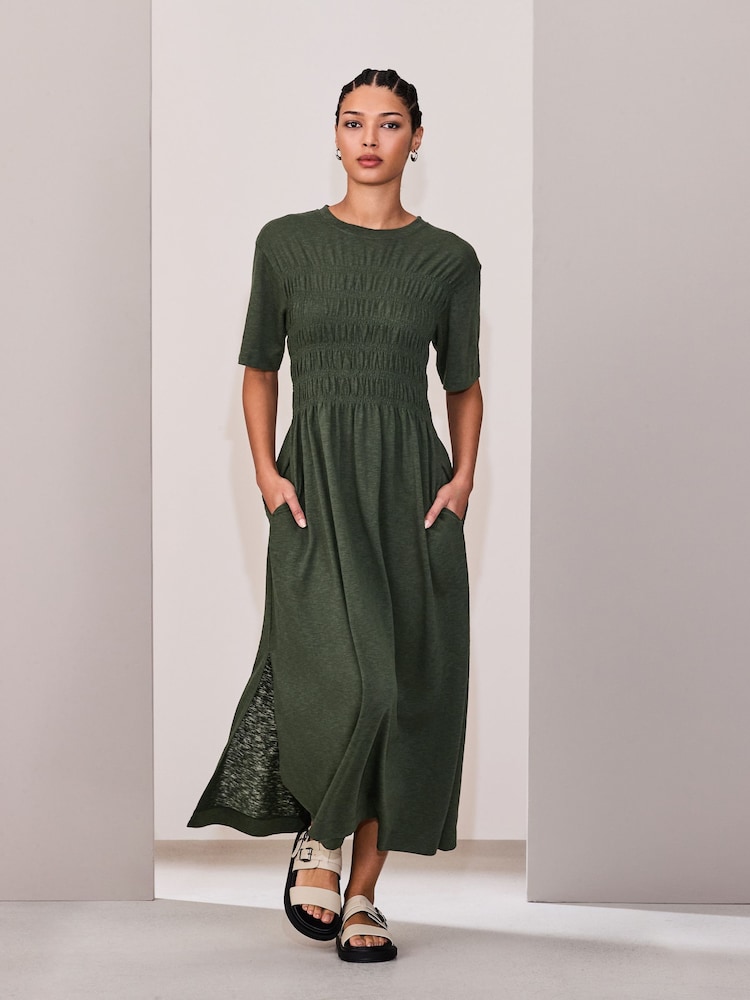 Khaki Green Short Sleeve Shirred Body T-Shirt Midi Dress - Image 1 of 8
