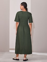 Khaki Green Short Sleeve Shirred Body T-Shirt Midi Dress - Image 2 of 8