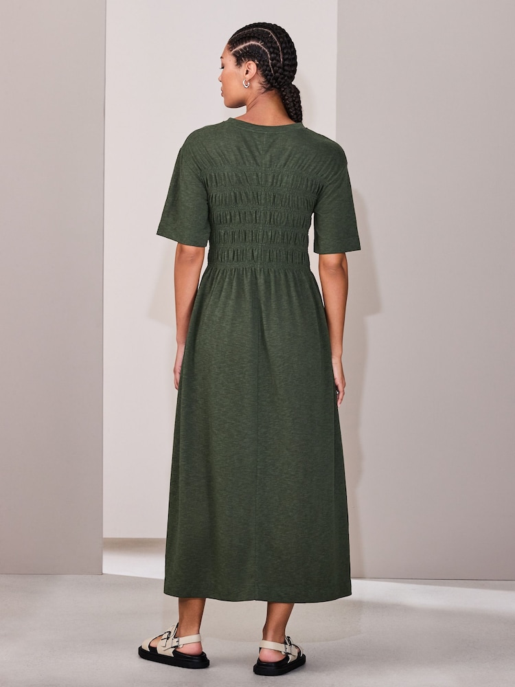 Khaki Green Short Sleeve Shirred Body T-Shirt Midi Dress - Image 2 of 8