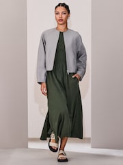 Khaki Green Short Sleeve Shirred Body T-Shirt Midi Dress - Image 3 of 8