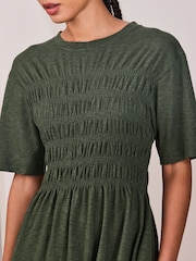 Khaki Green Short Sleeve Shirred Body T-Shirt Midi Dress - Image 5 of 8