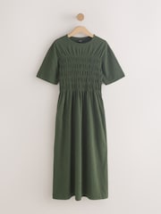 Khaki Green Short Sleeve Shirred Body T-Shirt Midi Dress - Image 6 of 8