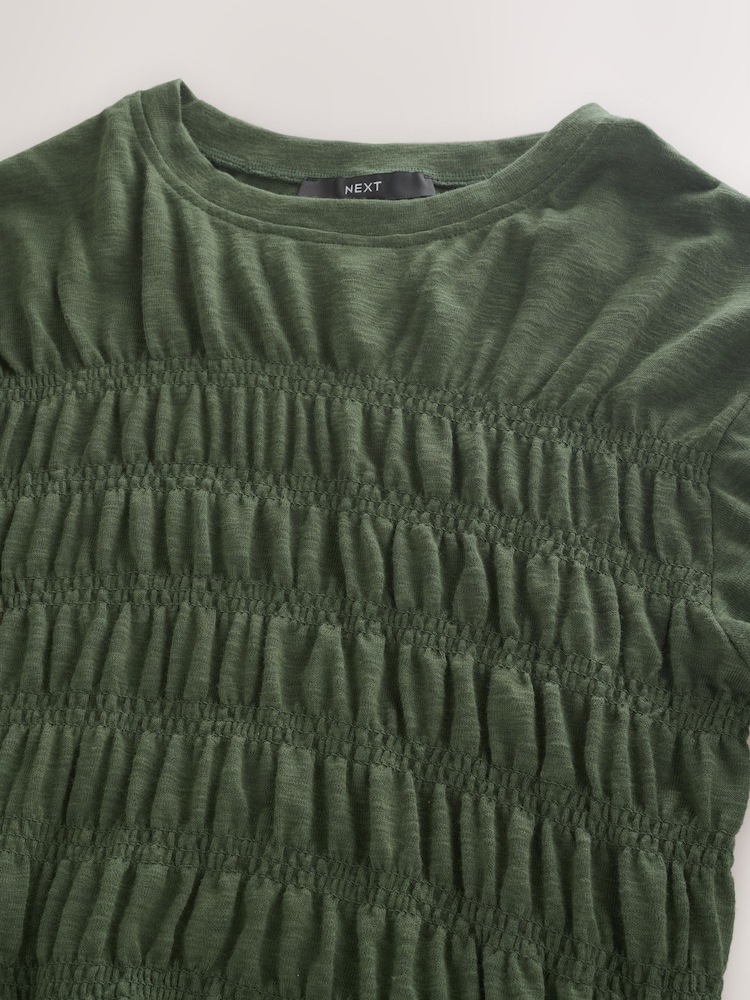 Khaki Green Short Sleeve Shirred Body T-Shirt Midi Dress - Image 8 of 8