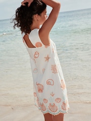 White Cotton Shell Embroidered Shift Mini Dress - Image 4 of 10