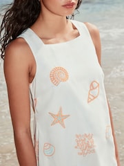 White Cotton Shell Embroidered Shift Mini Dress - Image 5 of 10