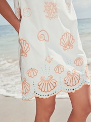 White Cotton Shell Embroidered Shift Mini Dress - Image 6 of 10