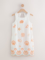 White Cotton Shell Embroidered Shift Mini Dress - Image 7 of 10