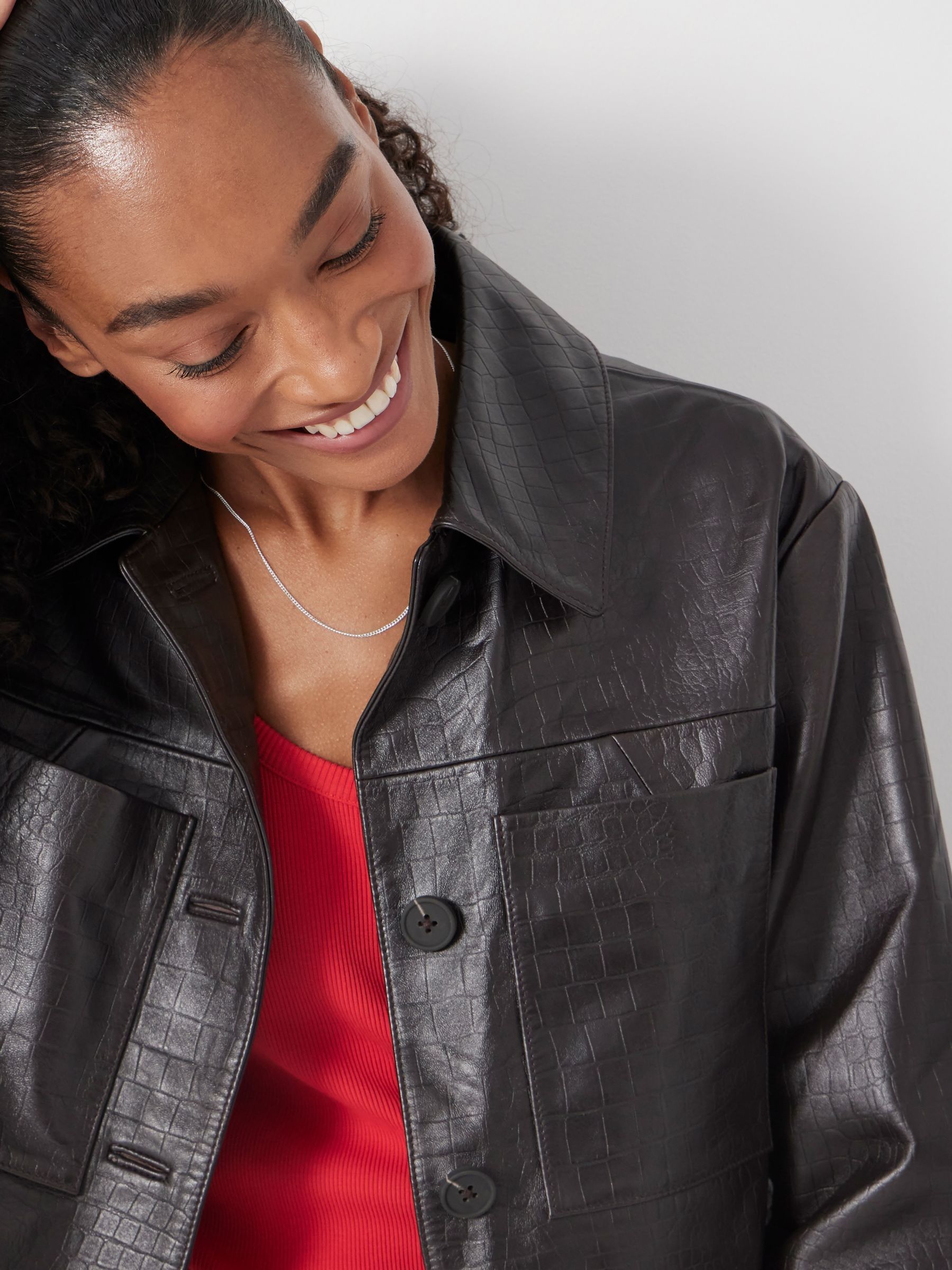 Buy Hush Chocolate Brown Kelly Croc Effect Leather Jacket from