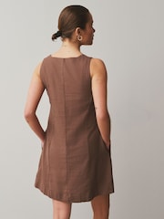 Chocolate Brown Scallop Edge Square Neck Button Through Mini Shift Dress - Image 4 of 7