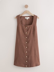Chocolate Brown Scallop Edge Square Neck Button Through Mini Shift Dress - Image 5 of 7