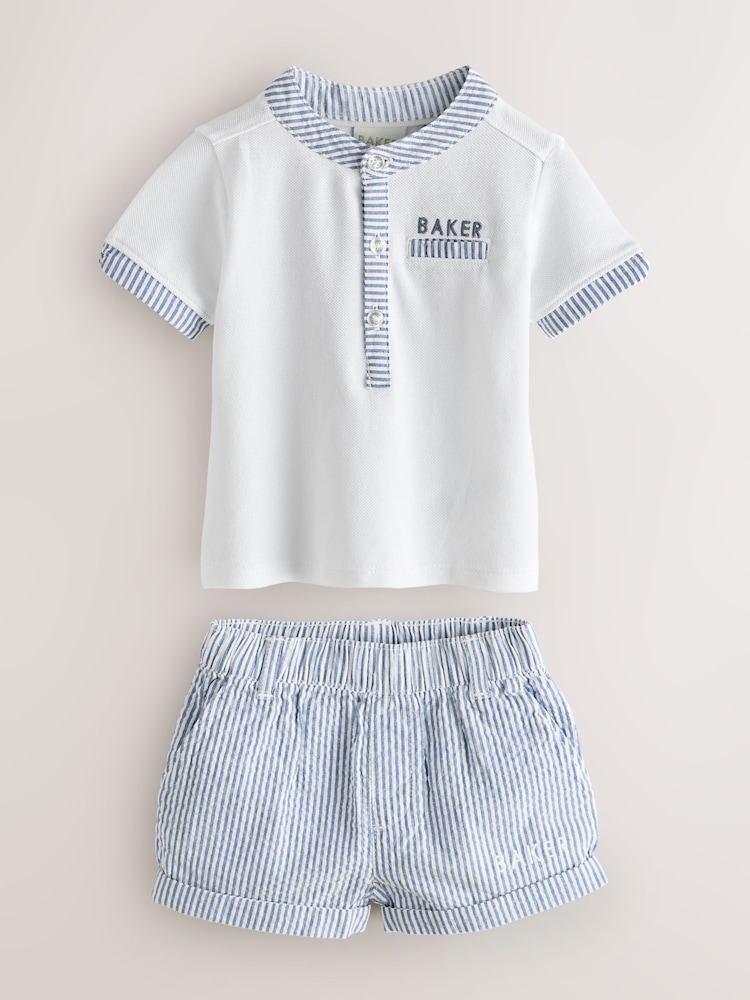 Baker by Ted Baker Grandad Collar White/Blue Shirt and Stripe Shorts Set - Image 1 of 6