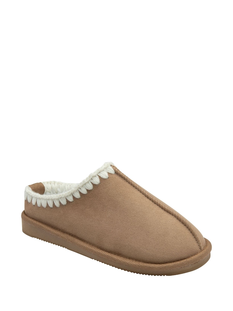 rjava - Dunlop Faux Suede Whipstitch Mule Slippers - Slika 1 iz 4