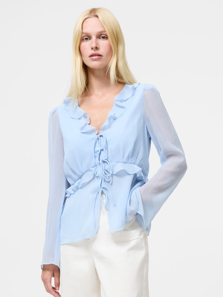 French Connection Blue Emina Chiffon Frill Tie Up Top - Image 1 of 4
