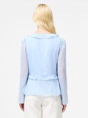 French Connection Blue Emina Chiffon Frill Tie Up Top - Image 2 of 4
