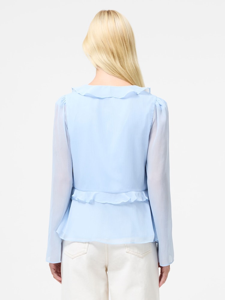 French Connection Blue Emina Chiffon Frill Tie Up Top - Image 2 of 4