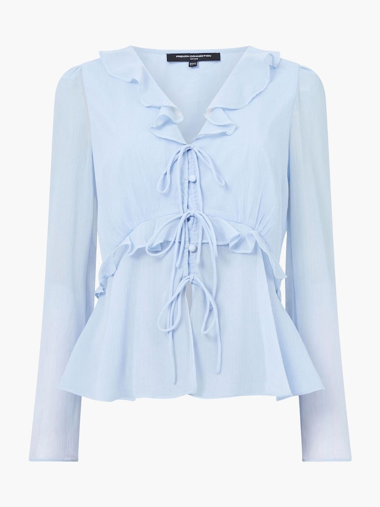 French Connection Blue Emina Chiffon Frill Tie Up Top - Image 4 of 4