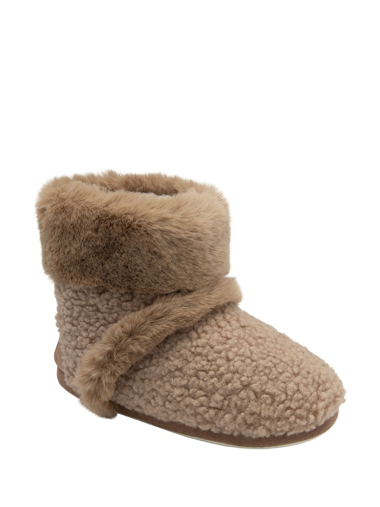 Dunlop Cream Bootee Pom Pom Faux Slippers - Image 1 of 4 Dunlop Cream Bootee Pom Pom Faux Slippers - Image 1 of 4