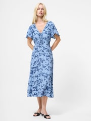 French Connection Blue Isla Lizzie Crepe Short Sleeve V-Neck Dress - Image 1 of 4