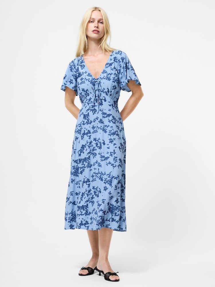 French Connection Blue Isla Lizzie Crepe Short Sleeve V-Neck Dress - Image 1 of 4