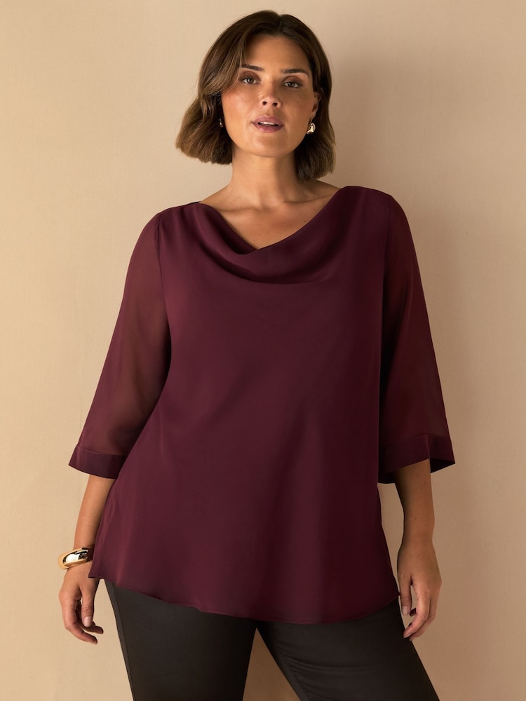 Live Unlimited Red Curve Burgundy Cowl Neck Overlay Top - Image 1 of 4