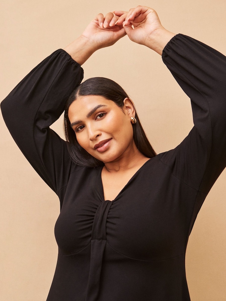 Live Unlimited Black Curve Long Sleeve Pleat Front Midi Dress - Image 1 of 4 Live Unlimited Black Curve Long Sleeve Pleat Front Midi Dress - Image 1 of 4