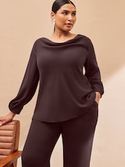 Live Unlimited Brown Curve Chocolate Button Detail Wide Leg Trousers - Image 3 of 3