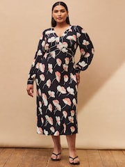Live Unlimited Black Curve Petite Floral Print Piping Detail Dress - Image 1 of 3