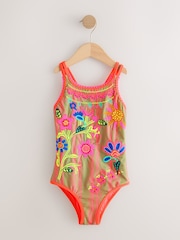 Orange Floral Embroidered - بدلة سباحة بحمالة مزدوجة (3 - 16 سنة) - صورة 1 من 5