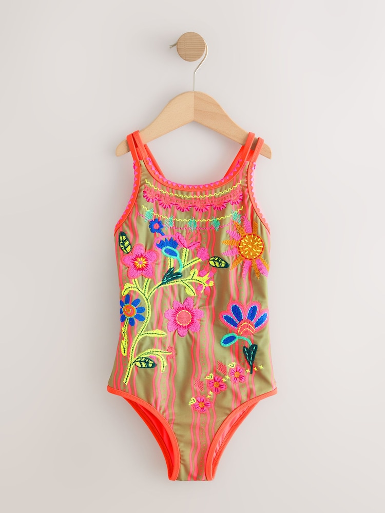 Orange Floral Embroidered - بدلة سباحة بحمالة مزدوجة (3 - 16 سنة) - صورة 1 من 5