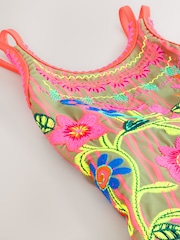 Orange Floral Embroidered - بدلة سباحة بحمالة مزدوجة (3 - 16 سنة) - صورة 4 من 5