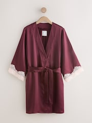Burgundy Red Lace Detail Satin Dressing Gown - Image 7 of 9