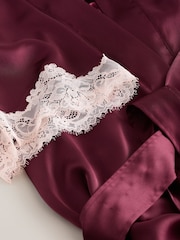 Burgundy Red Lace Detail Satin Dressing Gown - Image 9 of 9