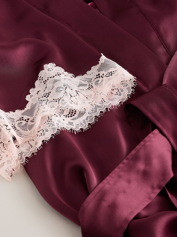 Burgundy Red Lace Detail Satin Dressing Gown - Image 9 of 9