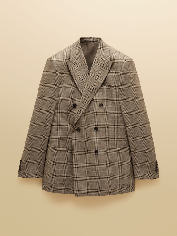 Joules Taupe Brown Pure Linen Check Double Breasted Blazer - Image 13 of 13