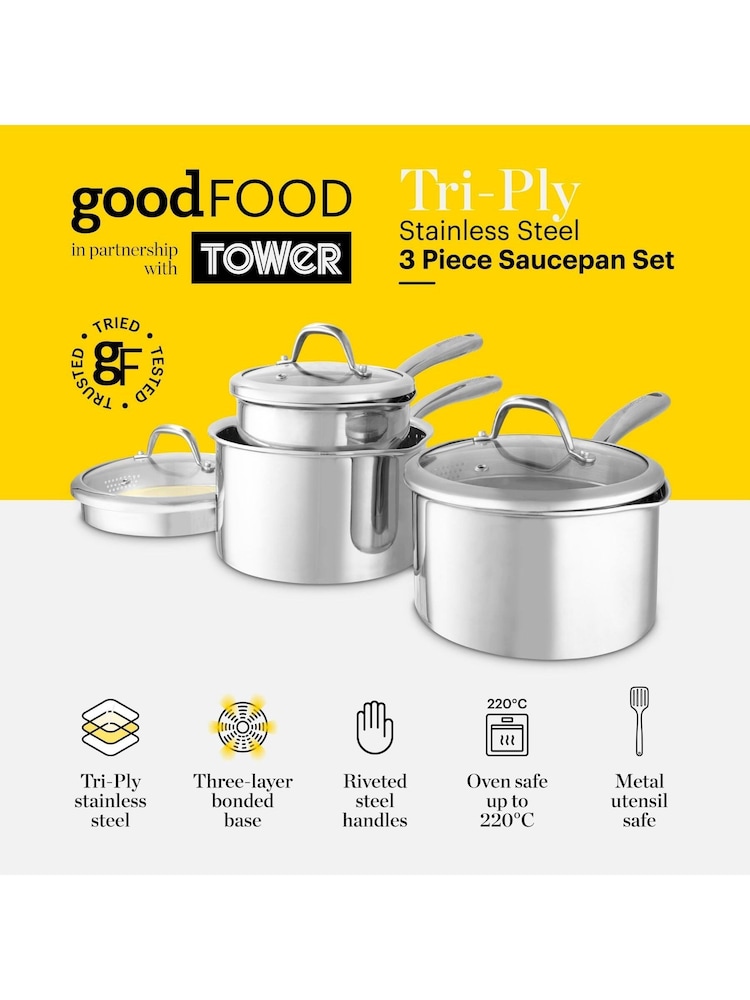Good Food 3 Piece Stainless Steel Tri-Ply Saucepans Set - Image 2 of 10