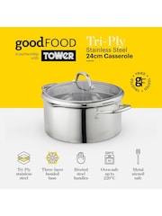 Good Food Stainless Steel Tri-Ply Casserole Dish with Tempered Glass Lid - Image 2 of 9