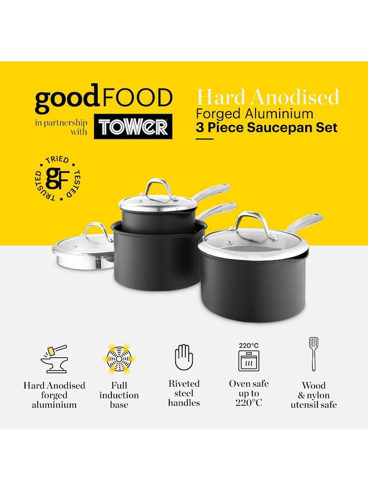 Good Food 3 Piece Grey Hard Anodized Saucepan Set - Image 2 of 10