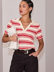Red/Ecru Stripe Knitlook Short Sleeve Polo Shirt - Image 1 of 8